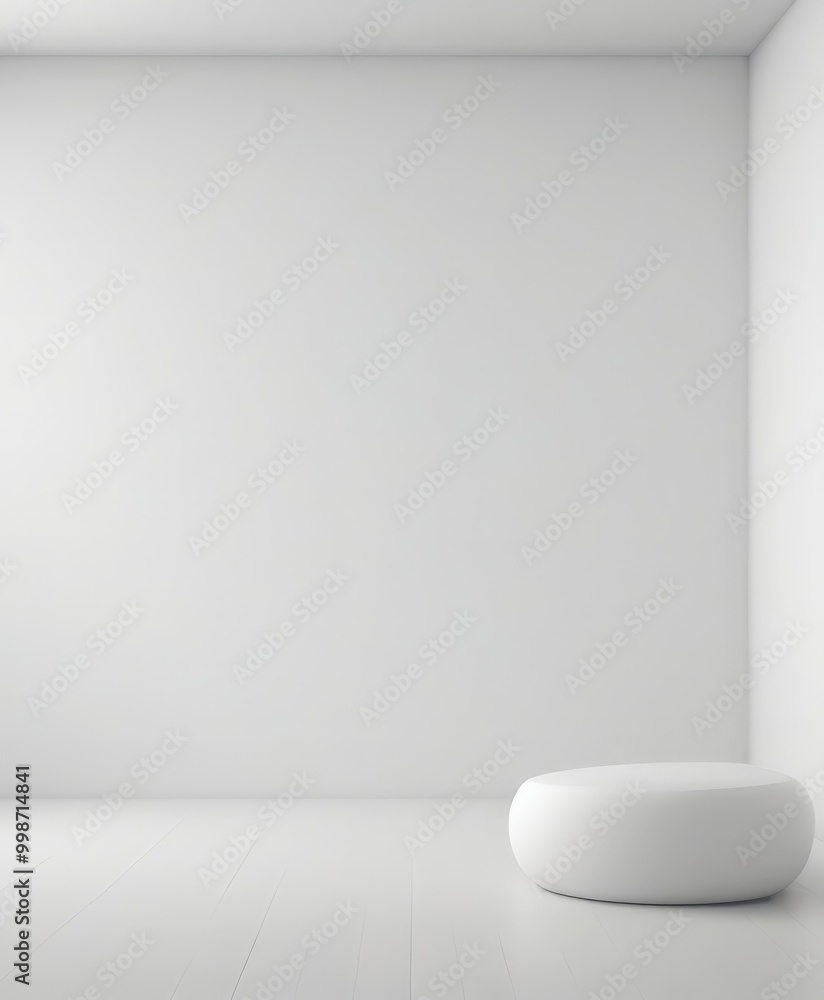Poster A minimalist white room with a round white object on the floor