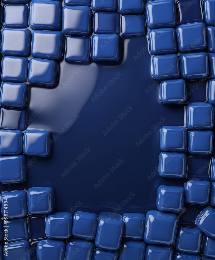 Poster a blue mosaic composed of numerous small square tiles arranged in a grid-like pattern The tiles are glossy and reflective, creating a visually striking and