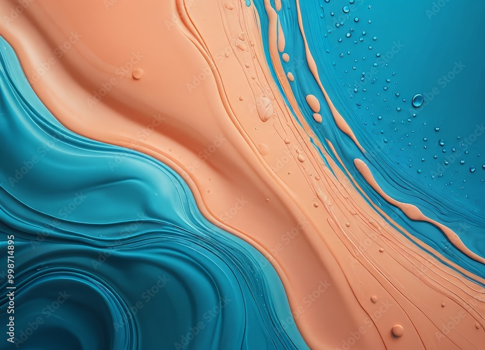 Poster a vibrant abstract composition of blue and orange hues, with water droplets scattered throughout, cr