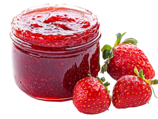 a jar of jam next to strawberries