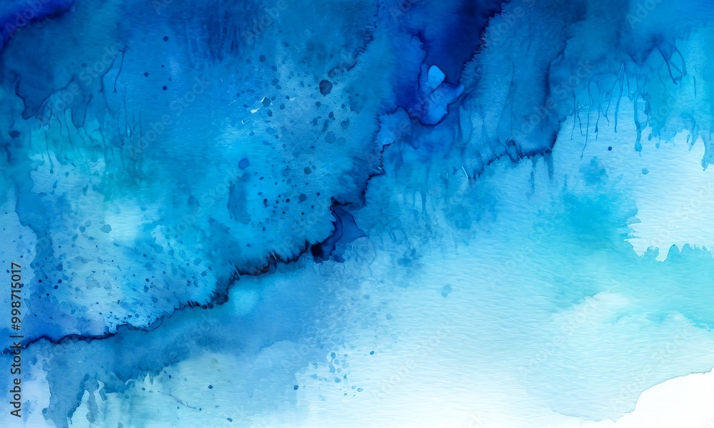 Poster a watercolor painting featuring a gradient of blue hues, with splashes of white and black adding depth and texture to the abstract composition