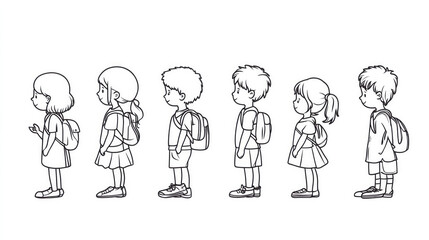 An outline drawing showing seven children standing in a line, each carrying a backpack. This monochromatic illustration represents school routine and childhood unity.