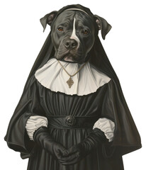PNG American Bully costumes wearing a vintage nun dress portrait painting animal.
