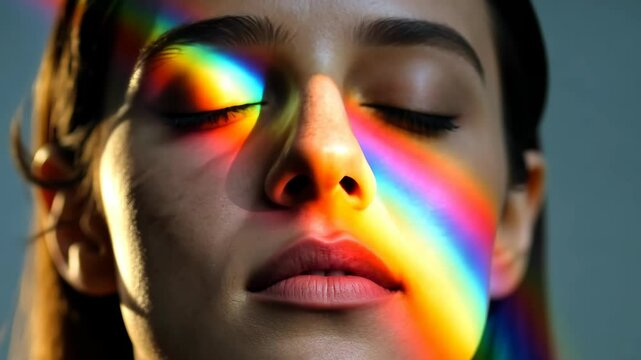 A woman's face is illuminated by a rainbow of light, creating a beautiful and surreal image