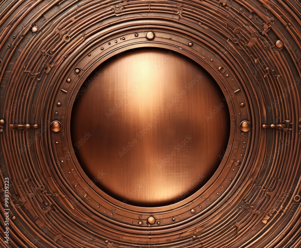 Aufkleber a circular metallic surface with a shiny, metallic finish and a central, empty space The background is filled with intricate, overlapping metallic patterns, creating a