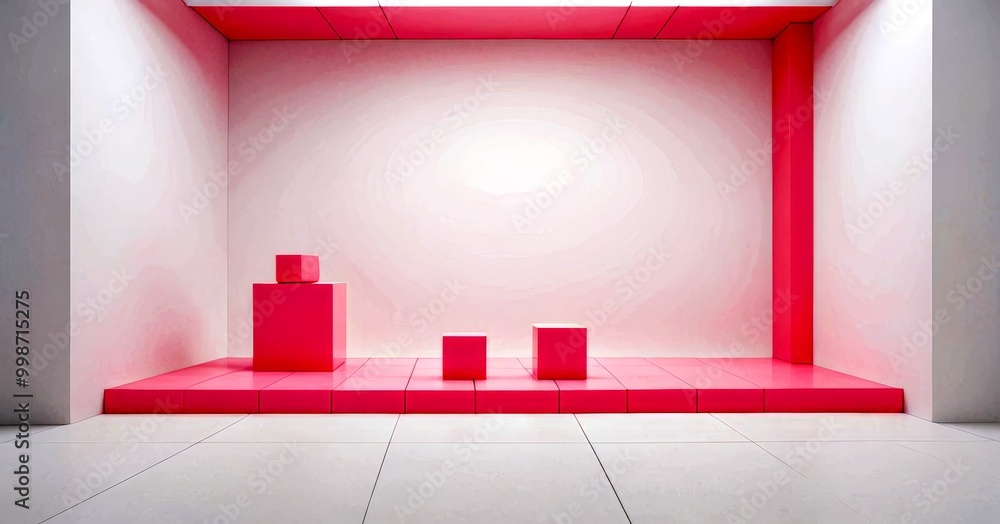 Poster a minimalist art installation featuring three pink cubes arranged in a triangular formation on a whi