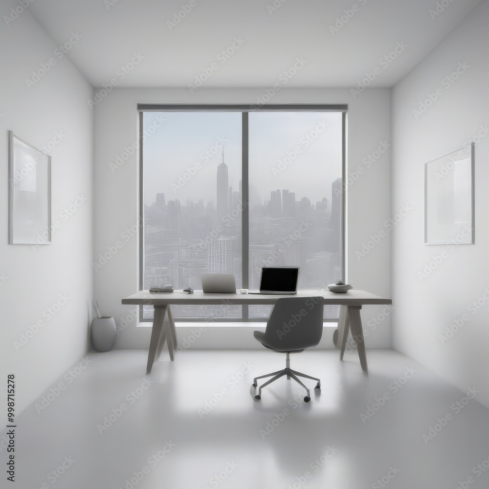 Poster a minimalist office space with a large window offering a view cityscape, featuring a desk with a lap