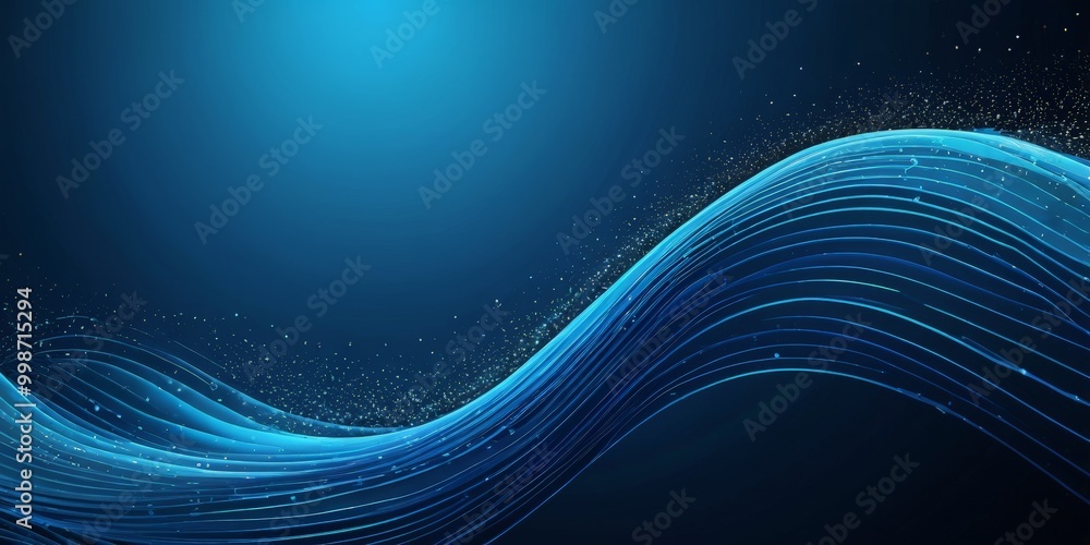 Poster a wave-like pattern with blue lines and small white dots, set against a dark blue background