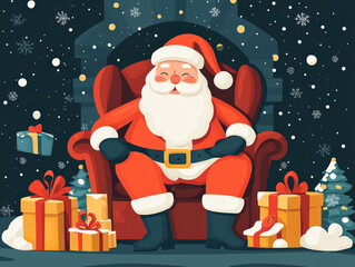 Santa Claus sits joyfully in cozy chair surrounded by colorful gifts and festive decorations. snowy backdrop adds to cheerful holiday spirit