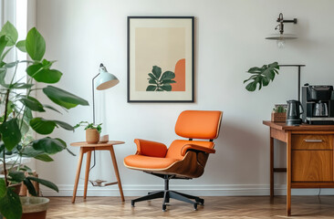 Vibrant mid-century modern home interior with a retro orange chair, white walls, wooden floor, and plants, with vintage wall art and stylish decor