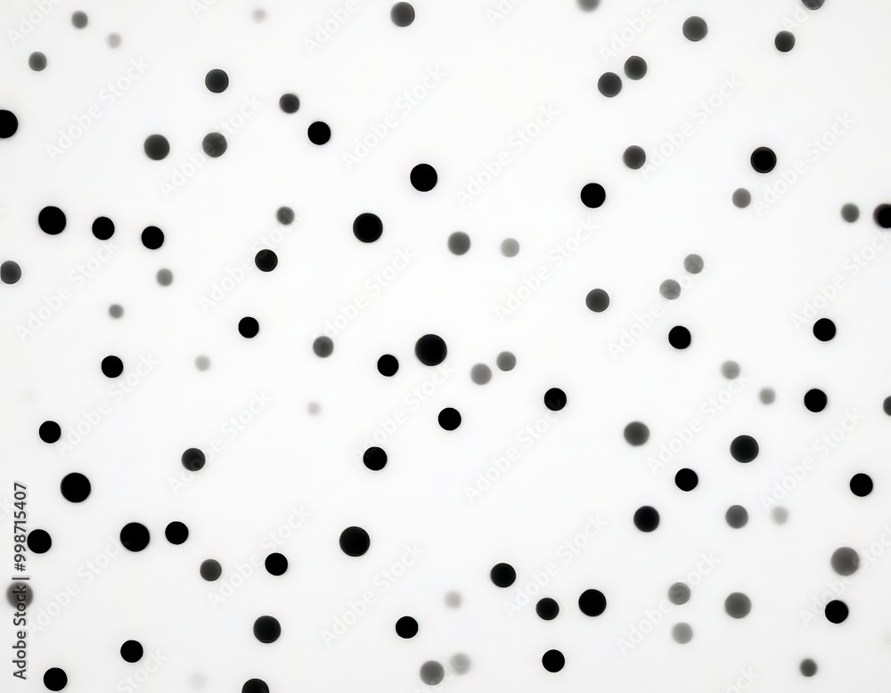 Poster a pattern of black dots on a white background, with some dots appearing larger and more prominent than others, creating a sense of randomness and depth