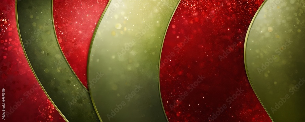 Poster a vibrant abstract composition of overlapping curved lines in red and green, with a shimmering, bokeh-like effect