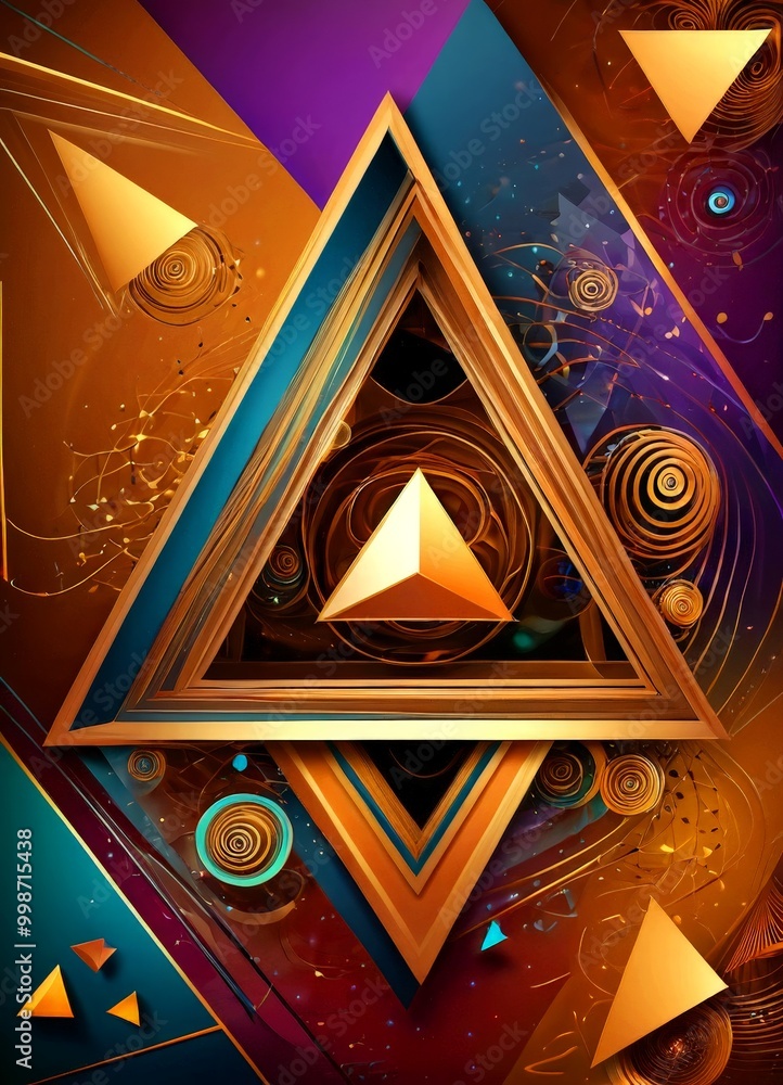 Poster a digital art piece with a central golden triangle surrounded by a complex array of golden triangles