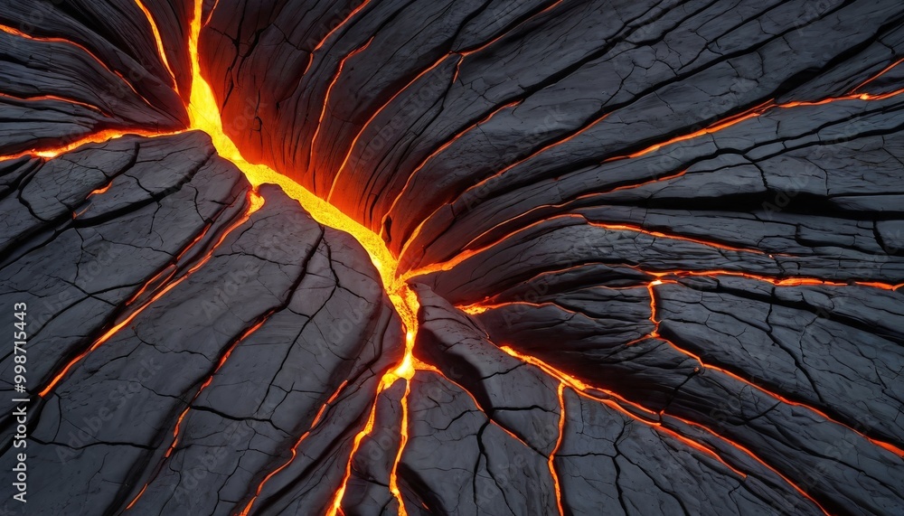 Leinwandbilder a close-up view cracked and molten lava flow, with the lava glowing in shades of orange and yellow a