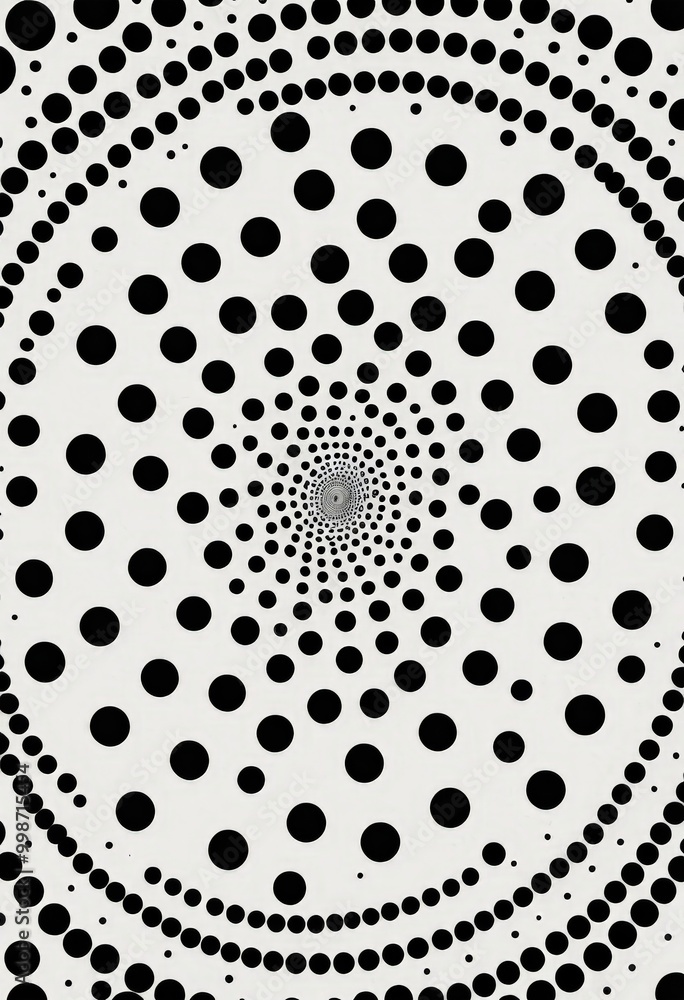 Poster a black and white abstract pattern composed of concentric circles and dots, creating a sense of dept