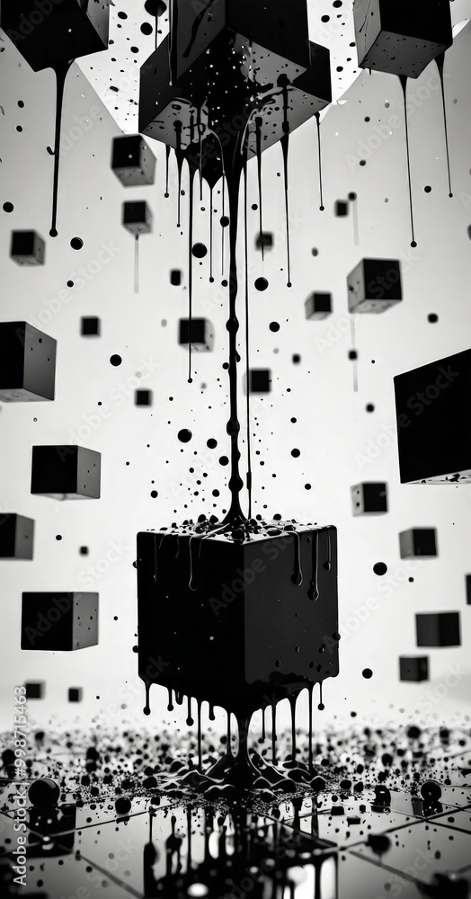 Aufkleber a black and white abstract scene with a central cube-shaped object