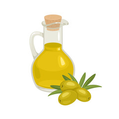 Olive oil in glass bottle isolated on white. Vector cartoon flat illustration.