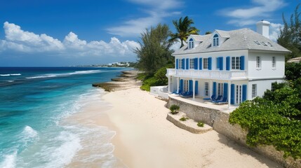 Fototapeta premium A stylish coastal retreat with crisp white walls and blue shutters, nestled on a sandy beach with ocean waves lapping nearby, creating a serene atmosphere