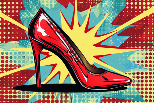 Pop art graphic novel cartoon style illustration of a red high heel shoe with a bright yellow callout or explosion behind it 