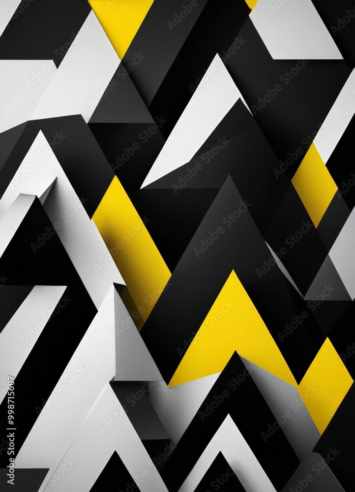 Poster a geometric pattern composed of intersecting lines and triangles in black, white, and yellow, creating a visually striking and abstract design