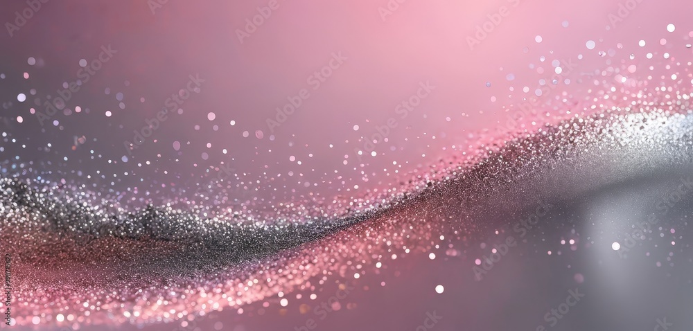 Poster a pink and purple gradient background with a glittering, wave-like texture and scattered white and p