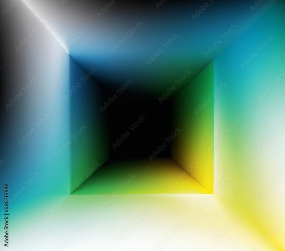 Poster a digital illustration three-dimensional space, featuring a gradient of colors transitioning from bl