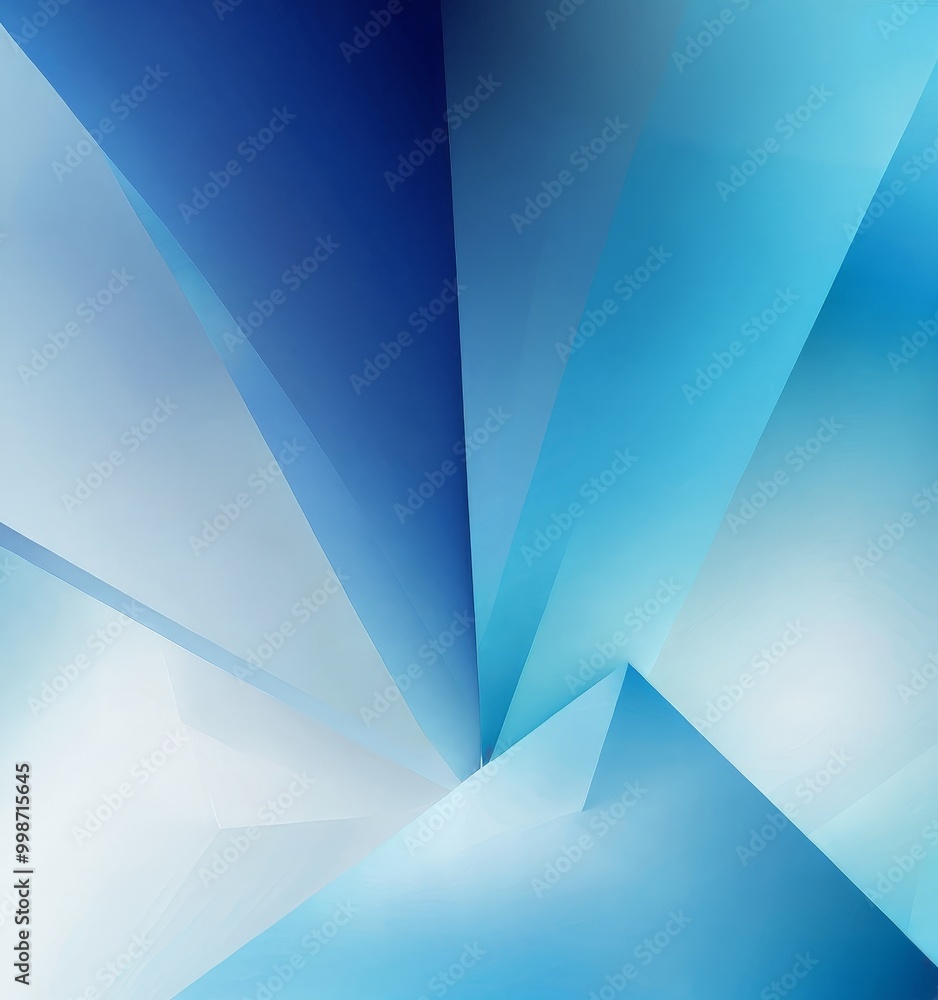 Poster a geometric abstract composition with intersecting lines and triangles in various shades of blue, creating a sense of depth and movement