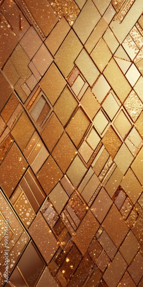 Fototapete a textured, golden mosaic pattern composed of square tiles arranged in a diagonal grid The tiles vary in size and color, creating a visually striking and intricate design