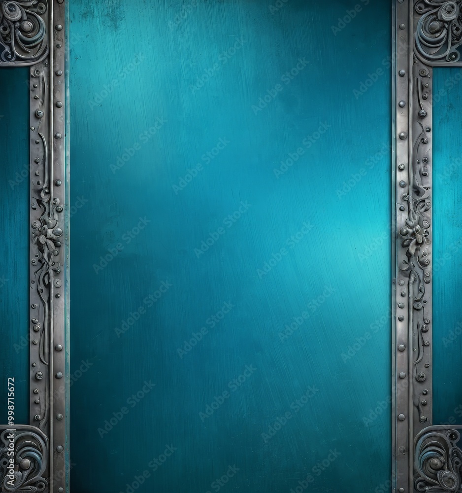 Aufkleber a blue-green gradient background with a decorative metal frame on either side