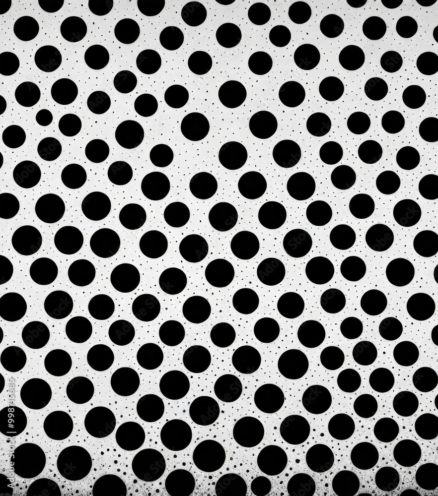 Poster a repeating pattern of black dots on a white background, creating a visually striking and minimalist