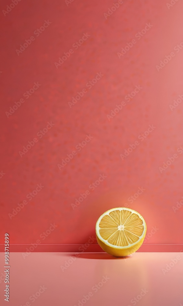 Poster a single lemon slice rests on a pink surface, its vibrant yellow color contrasting with the soft pin