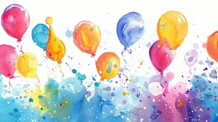 Obraz premium Vibrant watercolor balloons in various colors floating against a colorful splash background.