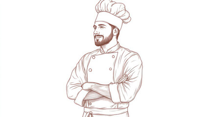 Naklejka premium A line drawing of a smiling chef with arms confidently crossed, wearing a traditional chef's hat and coat, exuding professionalism and culinary enthusiasm.