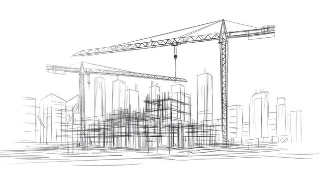 A line drawing depicting a bustling construction site with towering cranes and partially built structures, signifying development and architectural progress in urban areas.