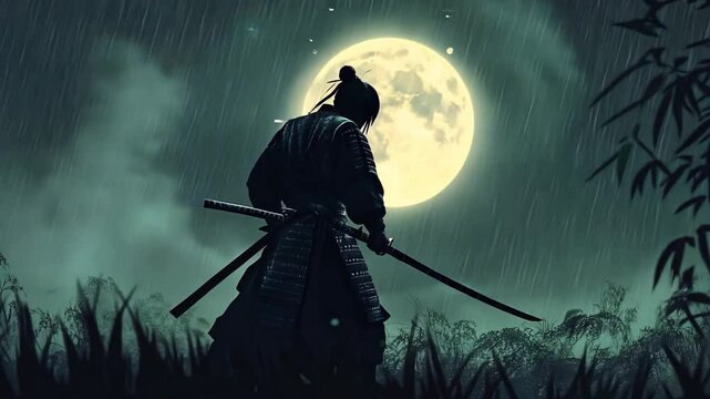 A lone samurai stands in the rain with a katana in hand, under a full moon