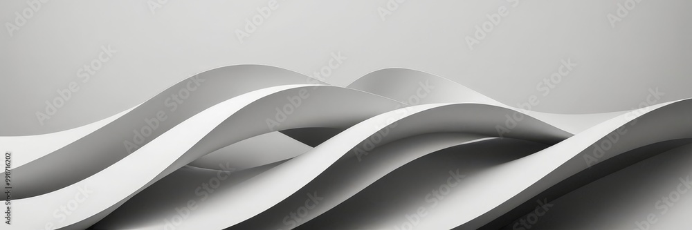 Poster abstract geometric shapes in white and gray, creating a wave-like pattern against a plain background