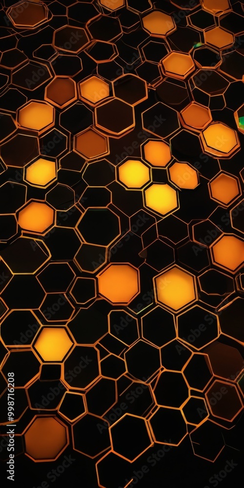 Poster a repeating pattern of hexagonal shapes in varying shades of orange and black, creating a visually s