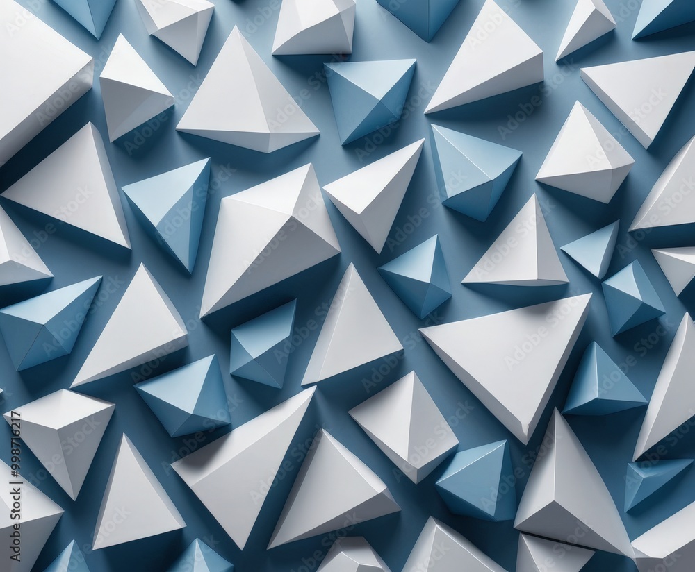 Poster a geometric pattern composed of numerous white and blue triangles arranged in a random, overlapping 