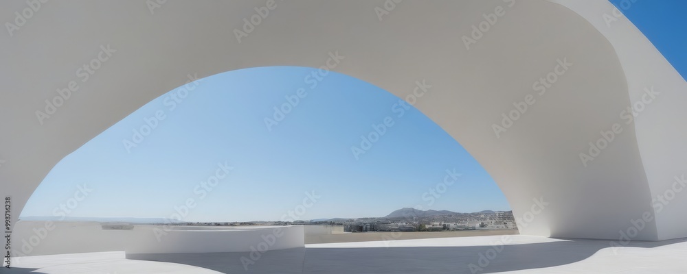 Poster a modern architectural structure with a curved, white arch that frames a view cityscape and mountain