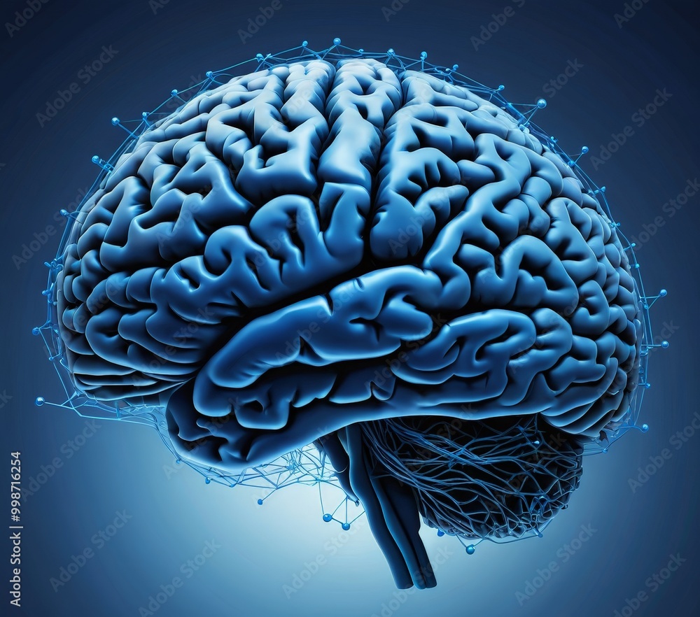 Leinwandbilder a brain, in a striking blue color the brain is intricately connected to a network of blue lines, sym