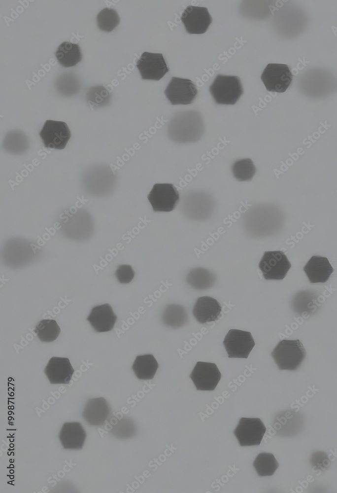 Poster a pattern of black hexagonal shapes scattered across a light gray background, creating a sense of randomness and depth