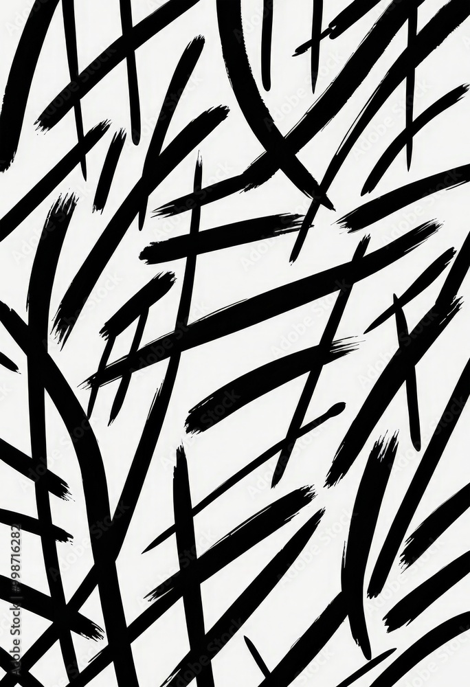 Poster a striking abstract pattern composed of intersecting black lines and strokes, creating a sense of dy