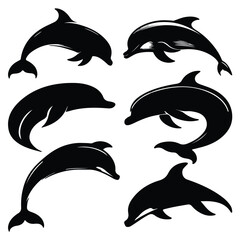 create  black silhouette  dolphin set vector with white background