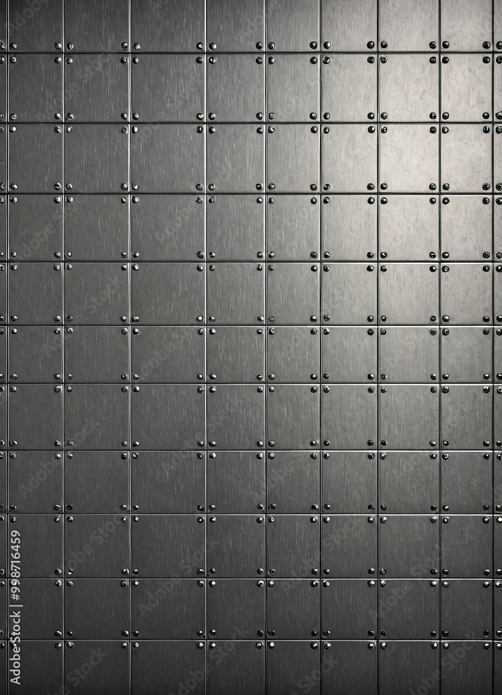 Poster A grid of square metal plates with small rivets, arranged in a uniform pattern, creating a textured and industrial-looking surface