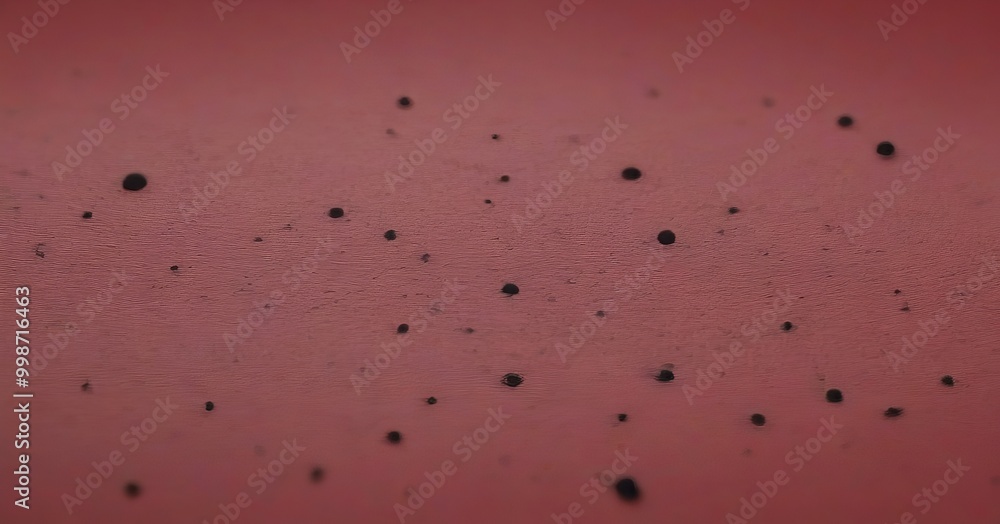 Poster a close-up view red surface with numerous small black dots scattered across it, creating a textured and speckled appearance