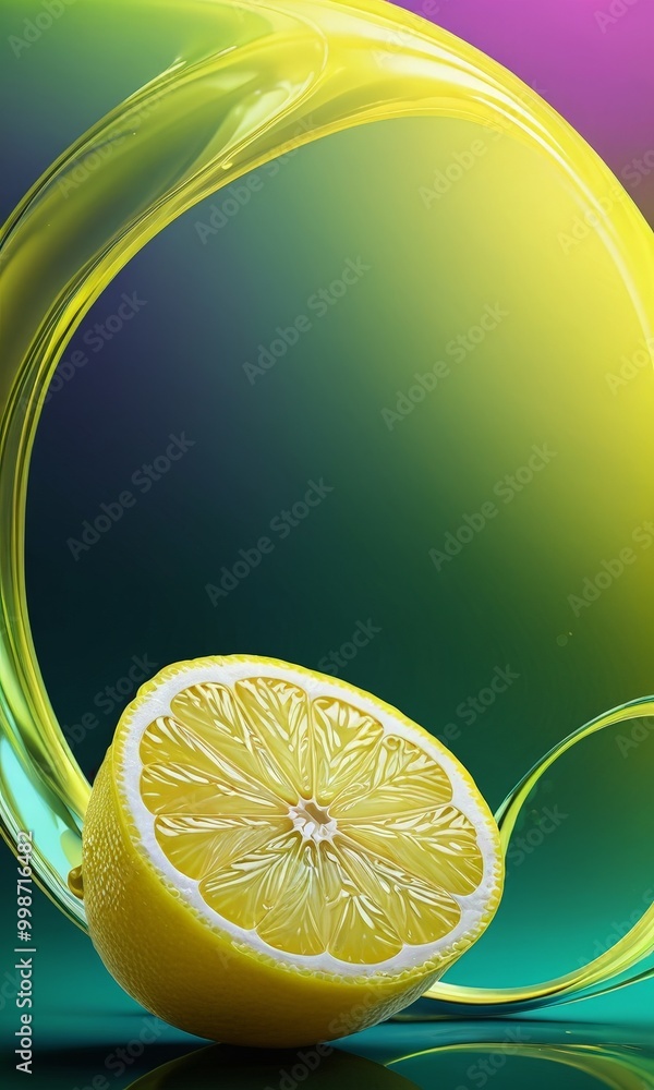 Poster a vibrant, abstract featuring a sliced lemon with a yellow center against a gradient background of g