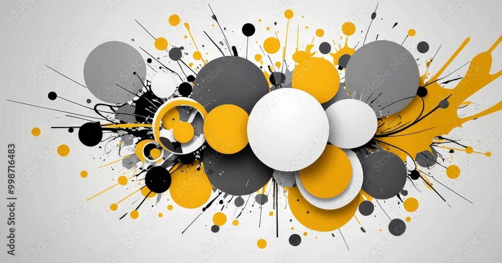 Poster a vibrant abstract composition of overlapping circles in various shades of gray, black, and yellow, 