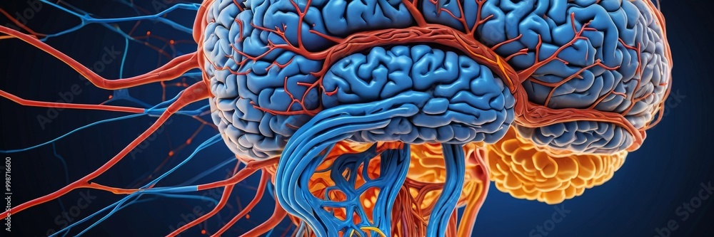 Poster a detailed brain, showcasing its intricate network of blood vessels and the complex structure of its