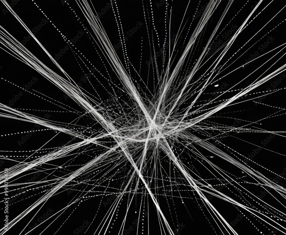 Poster a black and white abstract composition featuring a complex network of intersecting lines and dots, creating a sense of dynamic energy and movement