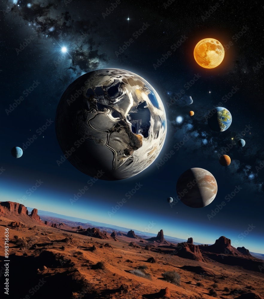Aufkleber a surreal cosmic landscape with a large planet dominating the center, surrounded by smaller planets 